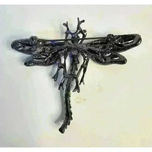 Vintage Dragonfly Multicolor Rhinestone Brooch Hematite - Picture 2 of 2